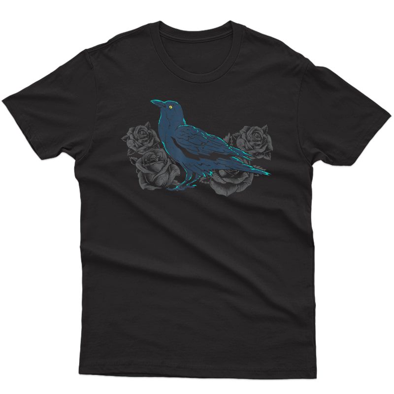 Flowers Spooky Gothic Crow Bird Animal Rose Creepy Raven T-shirt