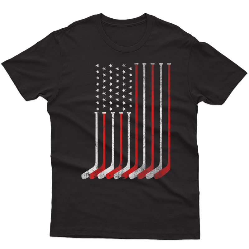 Hockey Stick Usa Flag Faded Hockey Player Shirt 4th Of July T-shirt