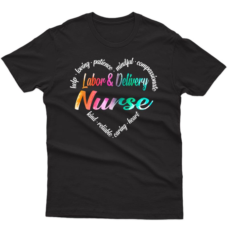 Labor & Delivery Nurse Heart Word Cloud Watercolor Rainbow T-shirt